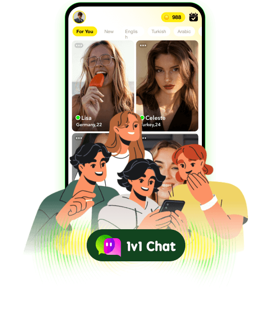 Illustrated group of people chatting on 1v1Chat
